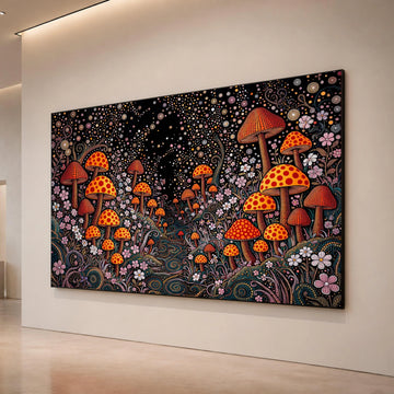 Yayoi Kusama Polka Dot Mushrooms Canvas, Psychedelic Dot Art Wall Decor, Vibrant Fantasy Garden Canvas, Abstract Floral Canvas Print Art
