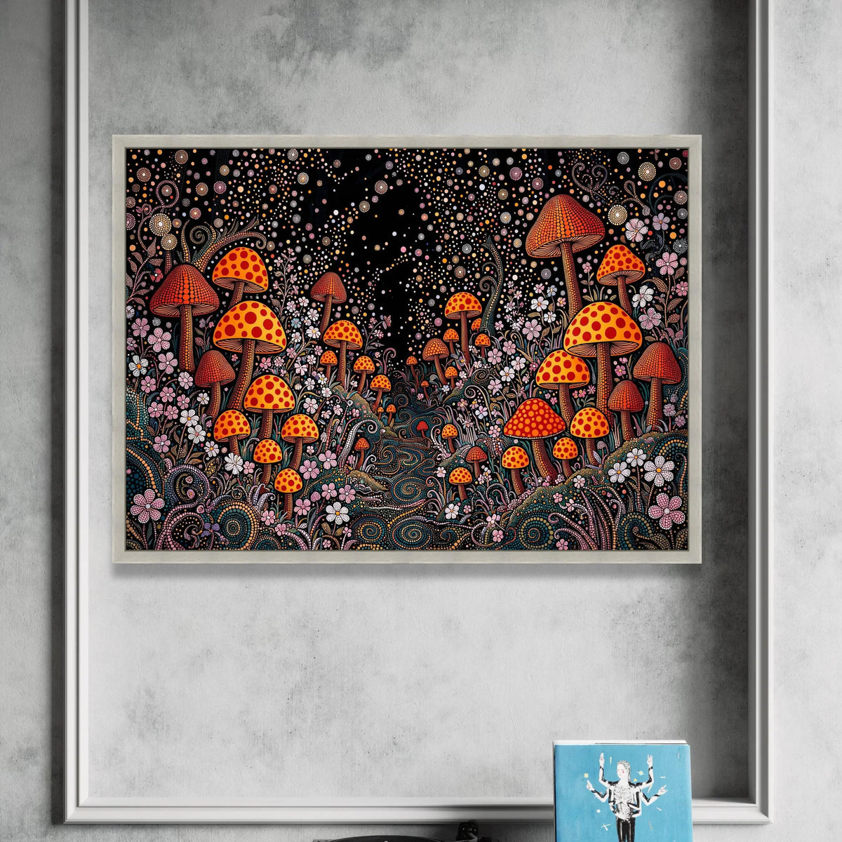 Yayoi Kusama Polka Dot Mushrooms Canvas, Psychedelic Dot Art Wall Decor, Vibrant Fantasy Garden Canvas, Abstract Floral Canvas Print Art