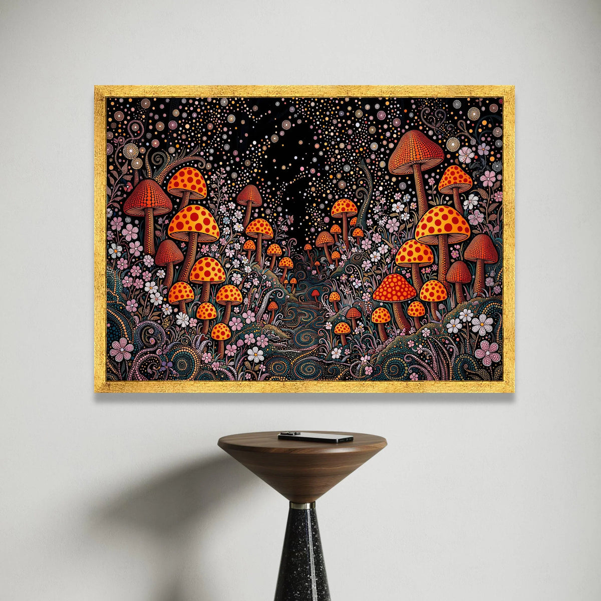 Yayoi Kusama Polka Dot Mushrooms Canvas, Psychedelic Dot Art Wall Decor, Vibrant Fantasy Garden Canvas, Abstract Floral Canvas Print Art