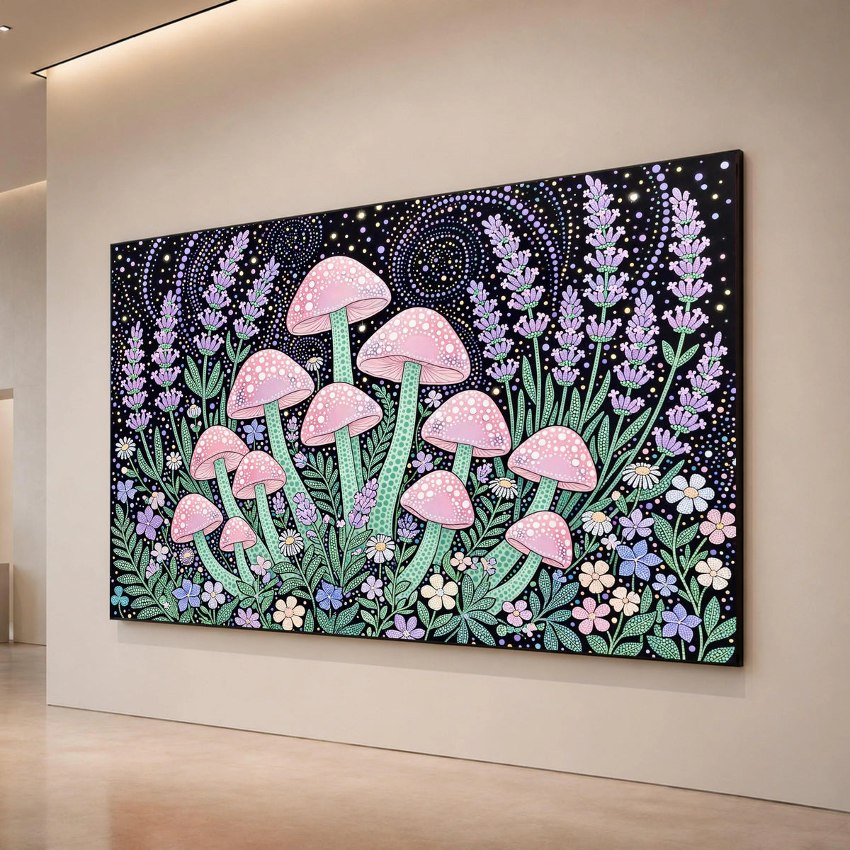 Yayoi Kusama Style Pink Mushroom Canvas, Polka Dot Floral Wall Art, Psychedelic Botanical Design, Colorful Nature Canvas Canvas Print Art