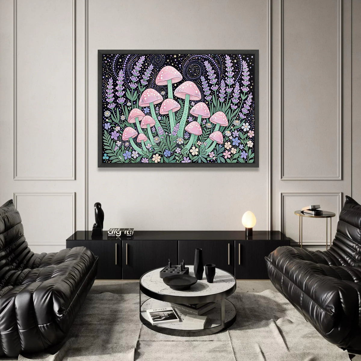 Yayoi Kusama Style Pink Mushroom Canvas, Polka Dot Floral Wall Art, Psychedelic Botanical Design, Colorful Nature Canvas Canvas Print Art