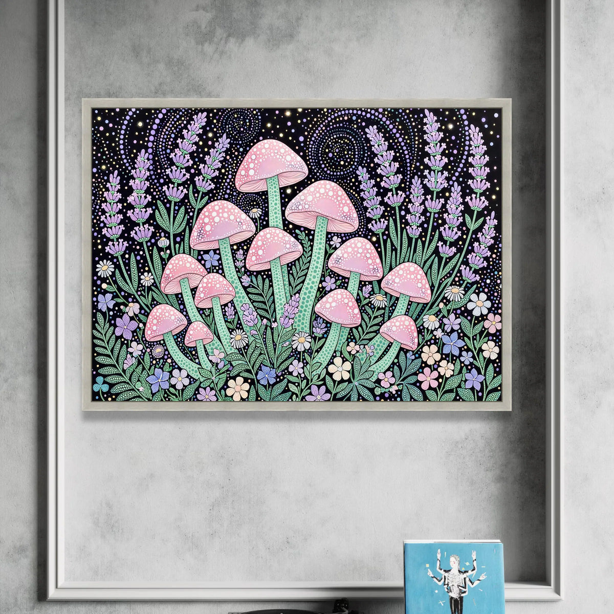 Yayoi Kusama Style Pink Mushroom Canvas, Polka Dot Floral Wall Art, Psychedelic Botanical Design, Colorful Nature Canvas Canvas Print Art