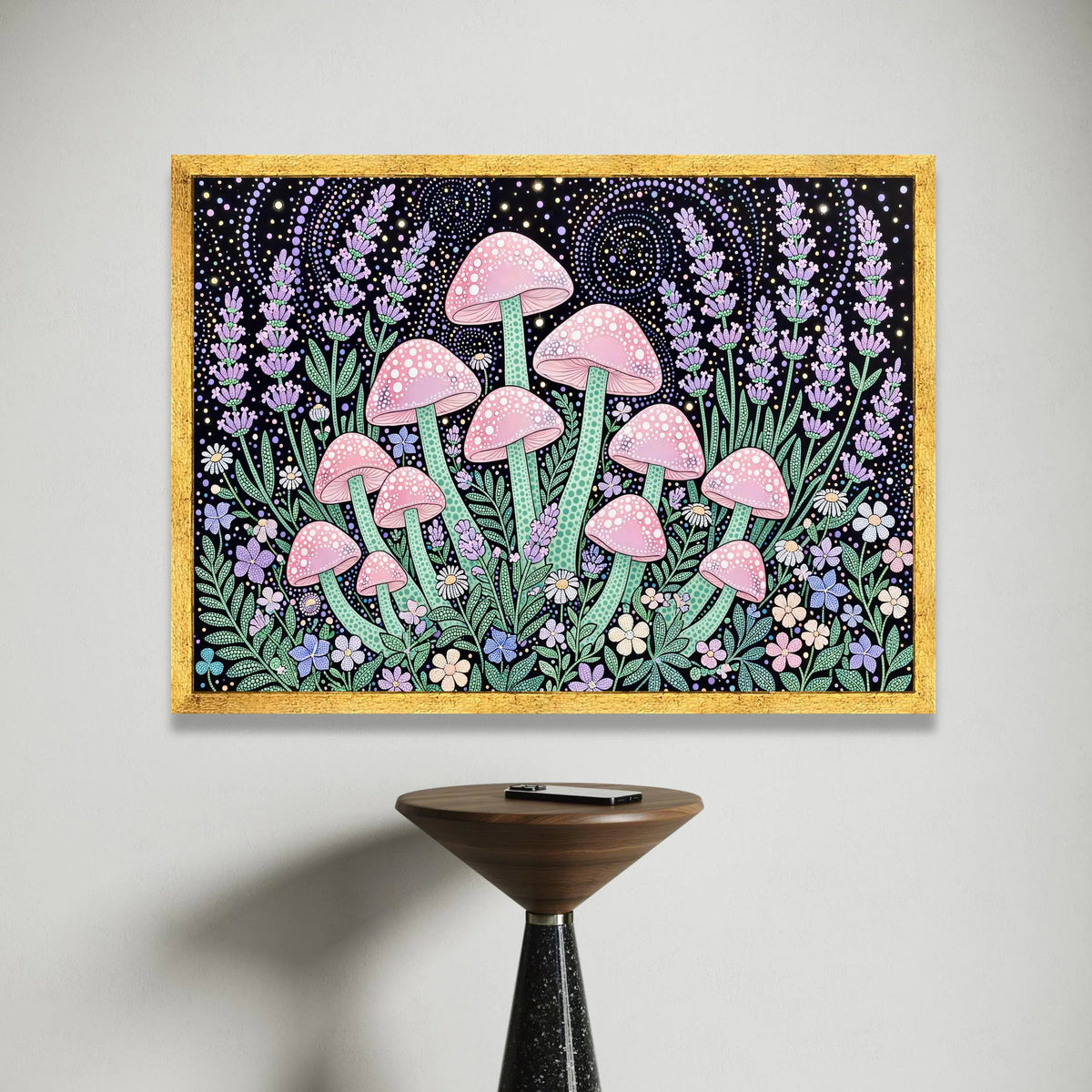 Yayoi Kusama Style Pink Mushroom Canvas, Polka Dot Floral Wall Art, Psychedelic Botanical Design, Colorful Nature Canvas Canvas Print Art