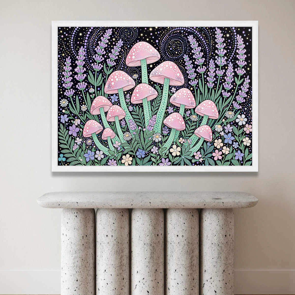 Yayoi Kusama Style Pink Mushroom Canvas, Polka Dot Floral Wall Art, Psychedelic Botanical Design, Colorful Nature Canvas Canvas Print Art