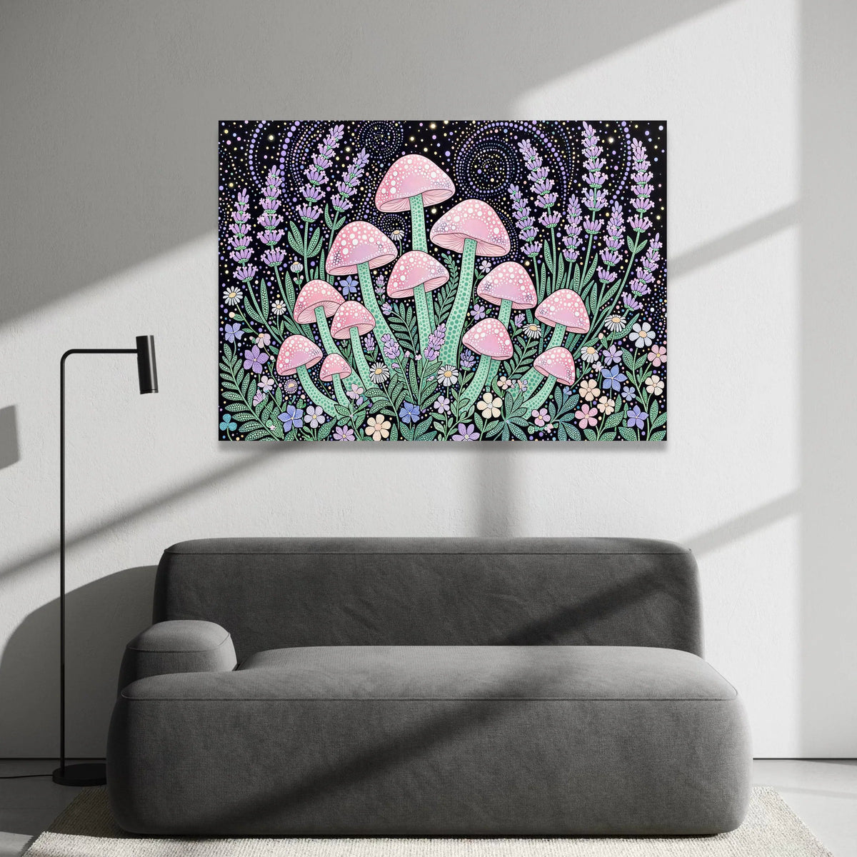 Yayoi Kusama Style Pink Mushroom Canvas, Polka Dot Floral Wall Art, Psychedelic Botanical Design, Colorful Nature Canvas Canvas Print Art