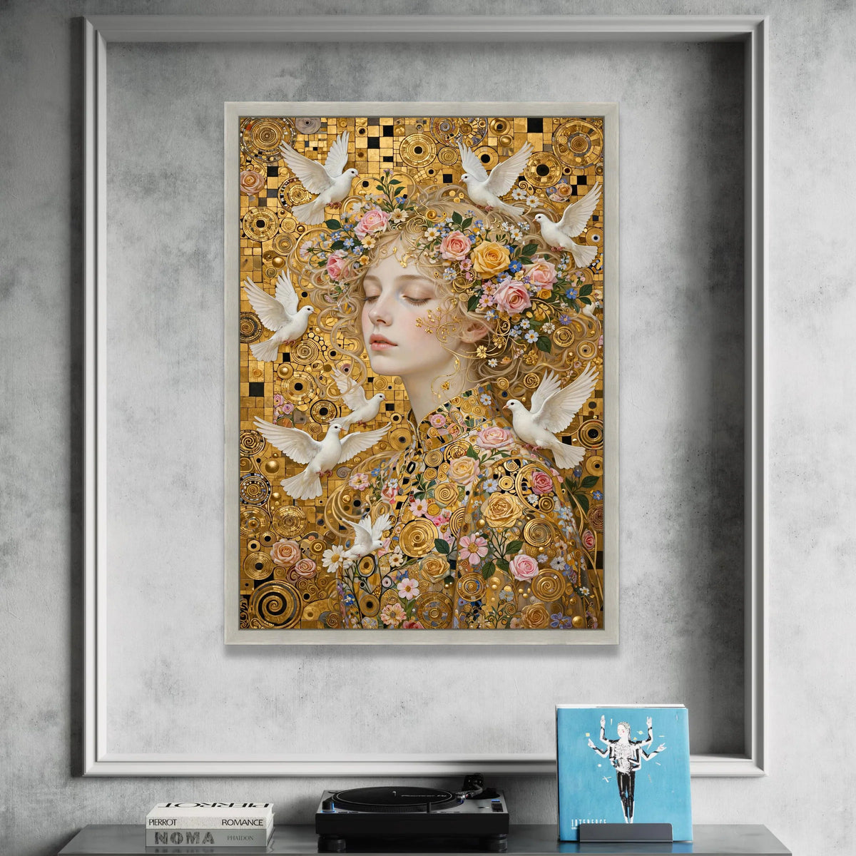 Elegant Woman with Flowers and White Doves, Gold Circle Pattern Canvas, Floral and Bird Wall Art, Romantic Portrait Canvas, Canvas Print Art