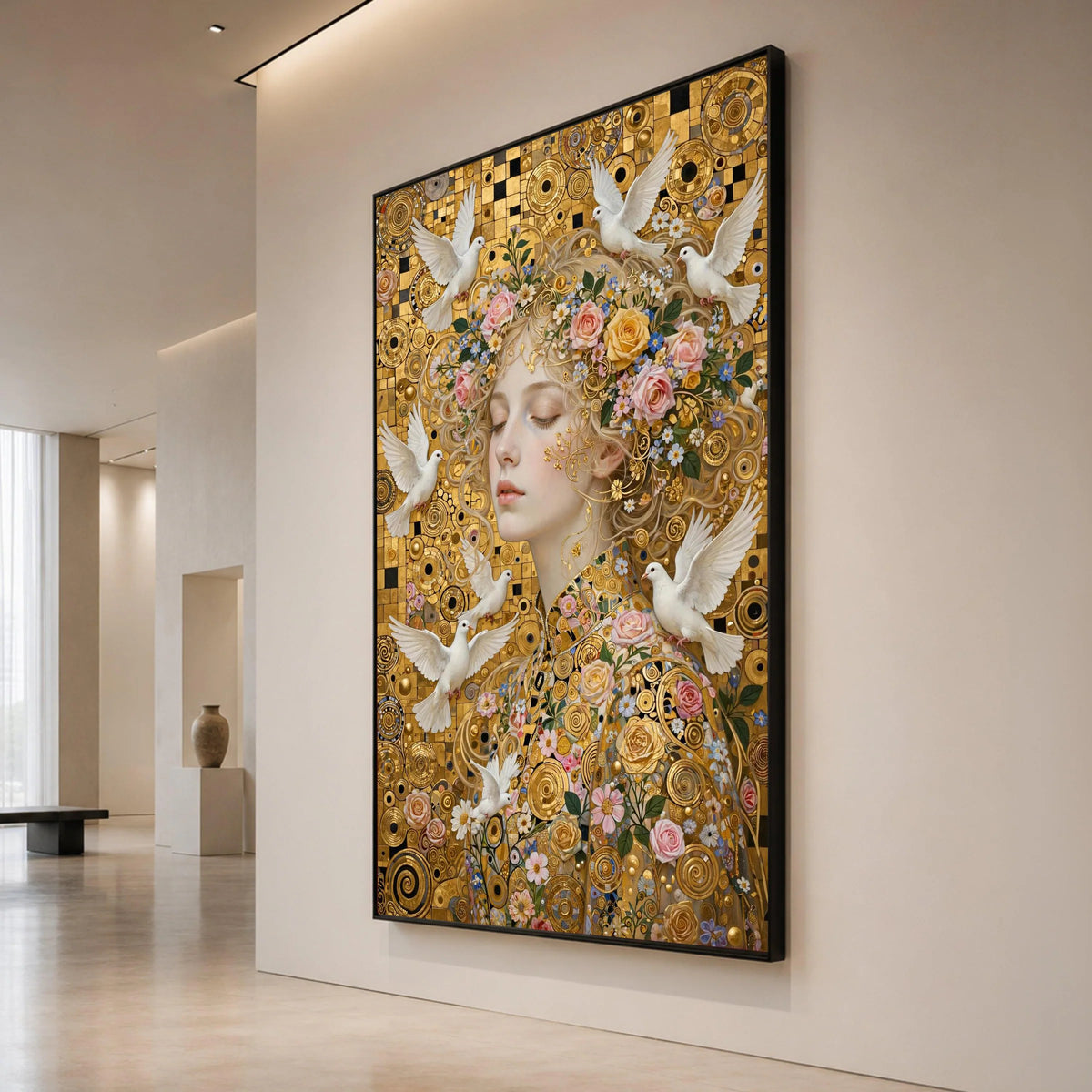 Elegant Woman with Flowers and White Doves, Gold Circle Pattern Canvas, Floral and Bird Wall Art, Romantic Portrait Canvas, Canvas Print Art