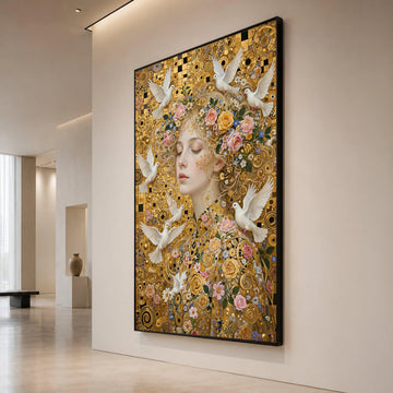 Elegant Woman with Flowers and White Doves, Gold Circle Pattern Canvas, Floral and Bird Wall Art, Romantic Portrait Canvas, Canvas Print Art