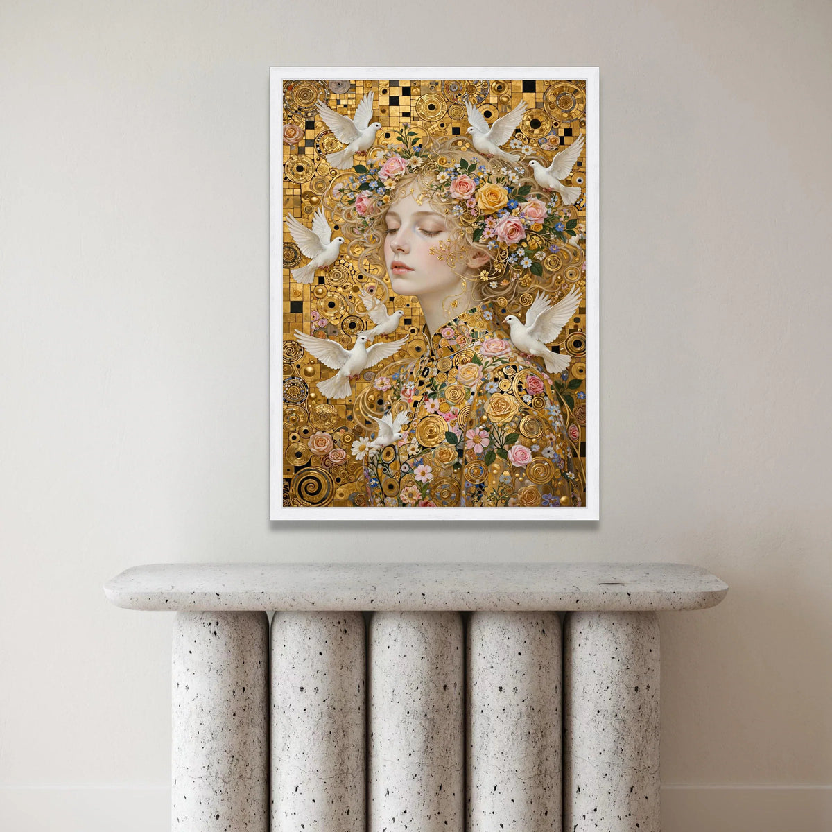 Elegant Woman with Flowers and White Doves, Gold Circle Pattern Canvas, Floral and Bird Wall Art, Romantic Portrait Canvas, Canvas Print Art