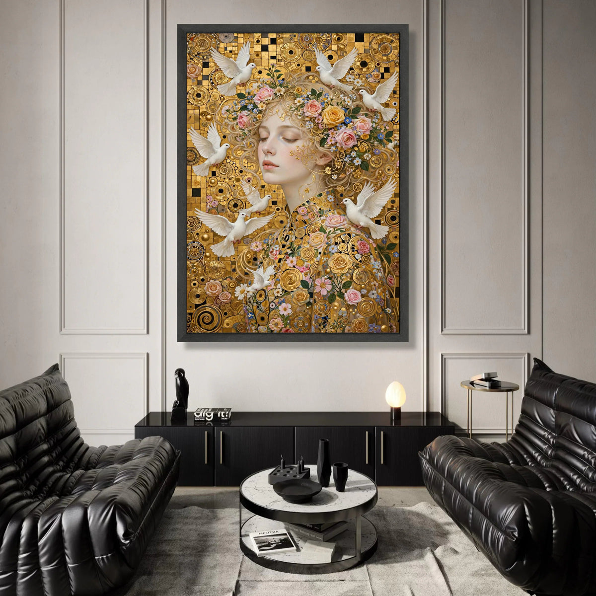 Elegant Woman with Flowers and White Doves, Gold Circle Pattern Canvas, Floral and Bird Wall Art, Romantic Portrait Canvas, Canvas Print Art