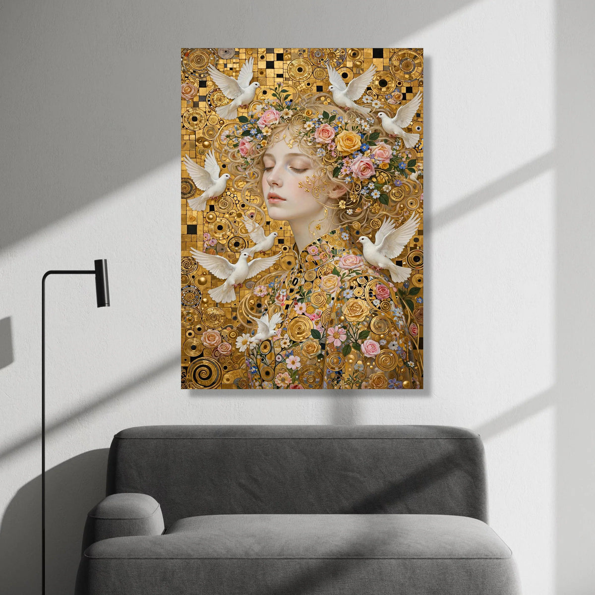 Elegant Woman with Flowers and White Doves, Gold Circle Pattern Canvas, Floral and Bird Wall Art, Romantic Portrait Canvas, Canvas Print Art