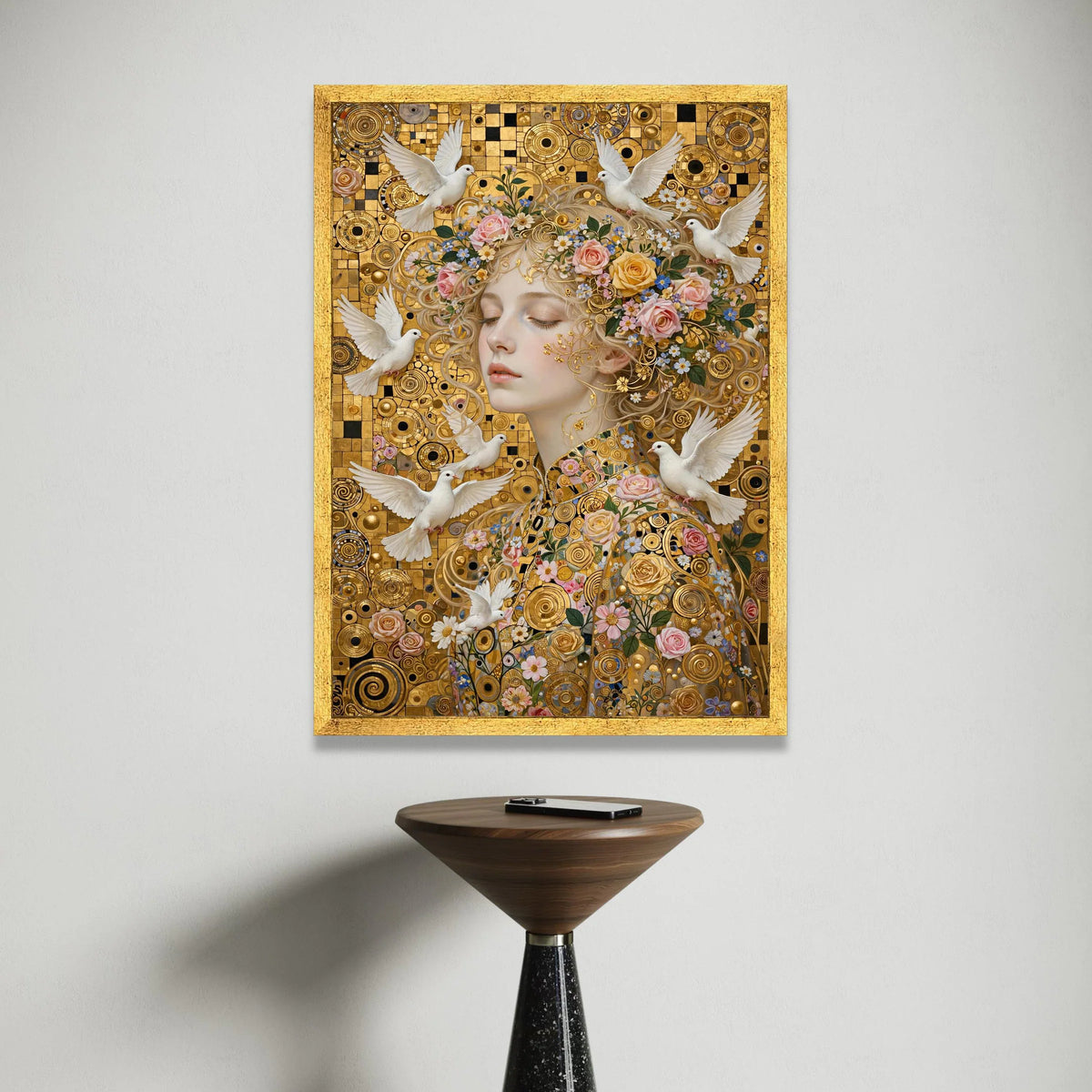 Elegant Woman with Flowers and White Doves, Gold Circle Pattern Canvas, Floral and Bird Wall Art, Romantic Portrait Canvas, Canvas Print Art