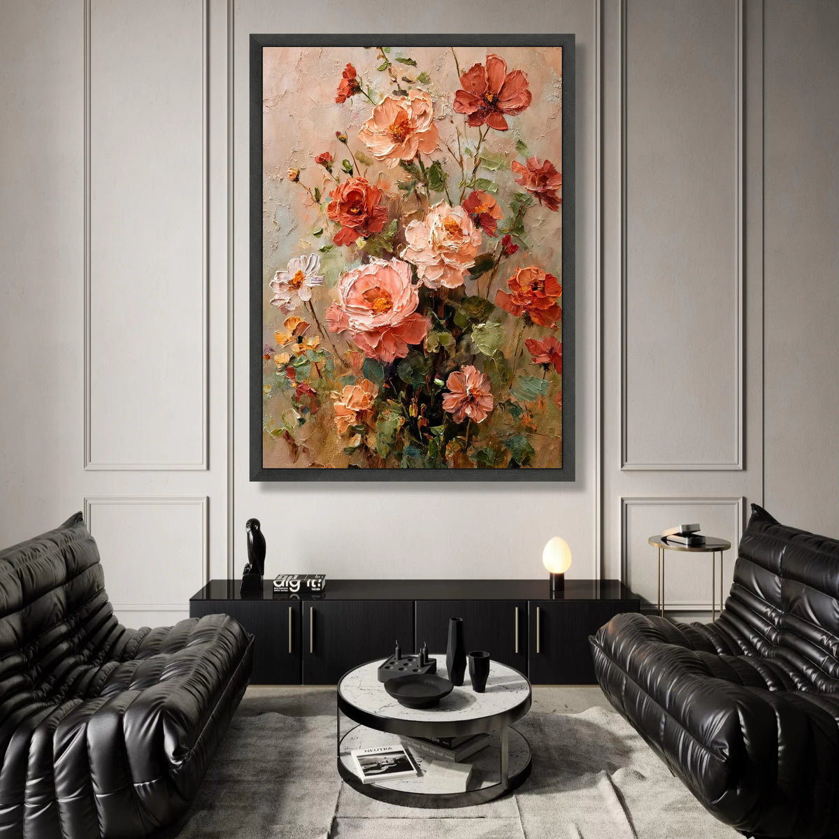 Elegant Peach and Coral Floral Bouquet Canvas, Romantic Garden Flowers Wall Art, Soft Pastel Home Decoration, Ready to Hang Canvas Print Art
