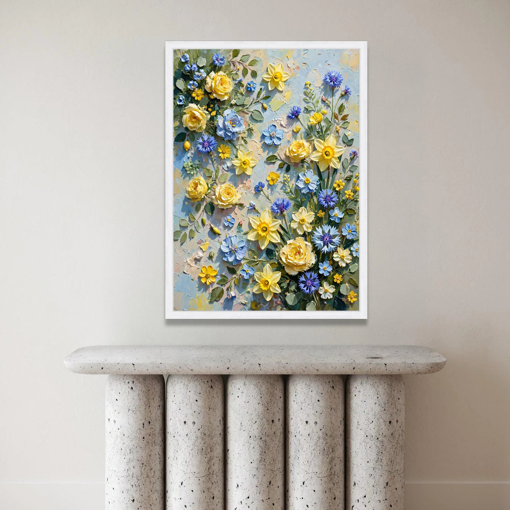 Bright Spring Floral Bouquet Canvas, Yellow Daffodils and Blue Cornflowers Wall Art, Vibrant Garden Flowers Canvas Canvas Print Art