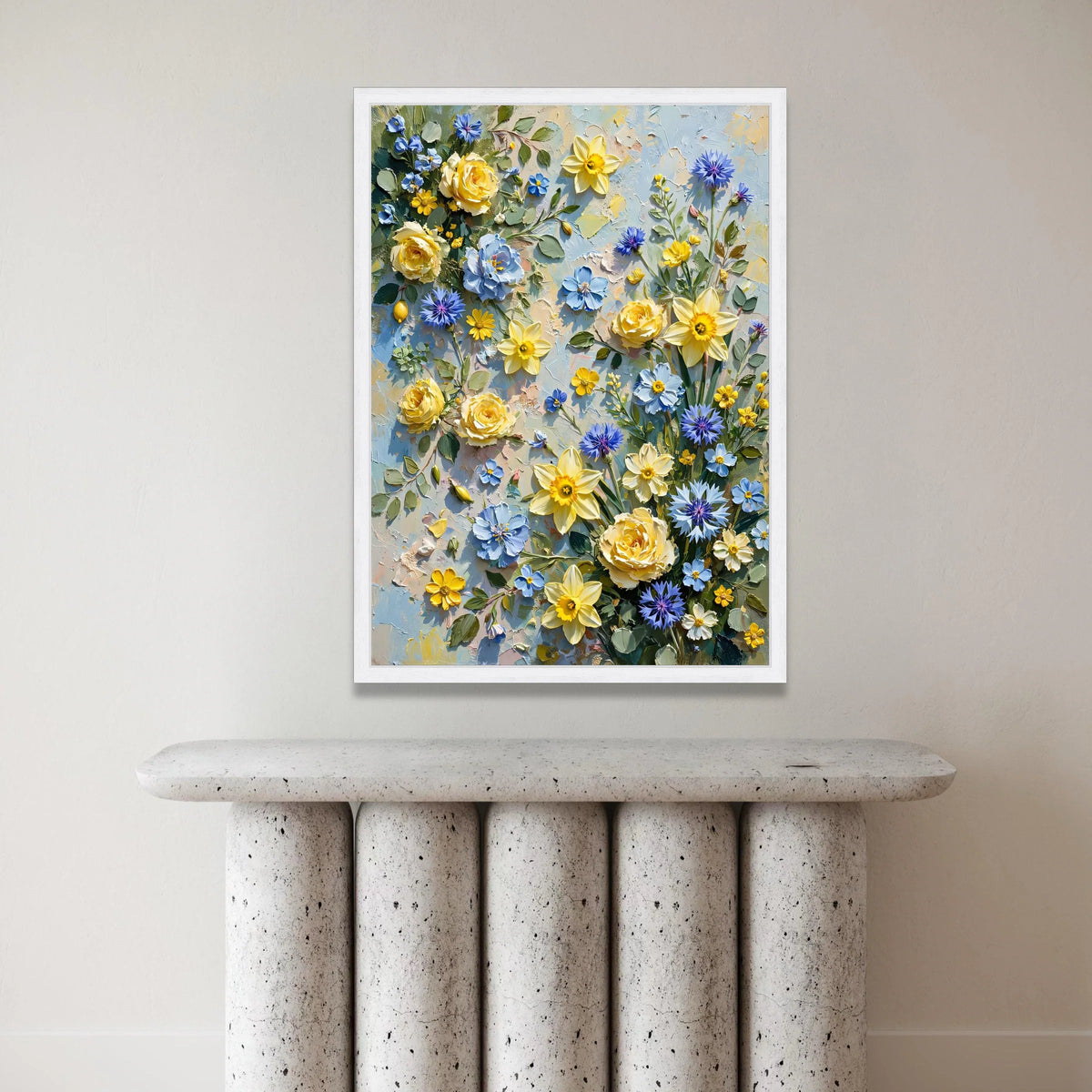 Bright Spring Floral Bouquet Canvas, Yellow Daffodils and Blue Cornflowers Wall Art, Vibrant Garden Flowers Canvas Canvas Print Art