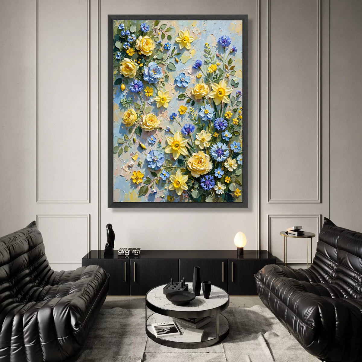 Bright Spring Floral Bouquet Canvas, Yellow Daffodils and Blue Cornflowers Wall Art, Vibrant Garden Flowers Canvas Canvas Print Art