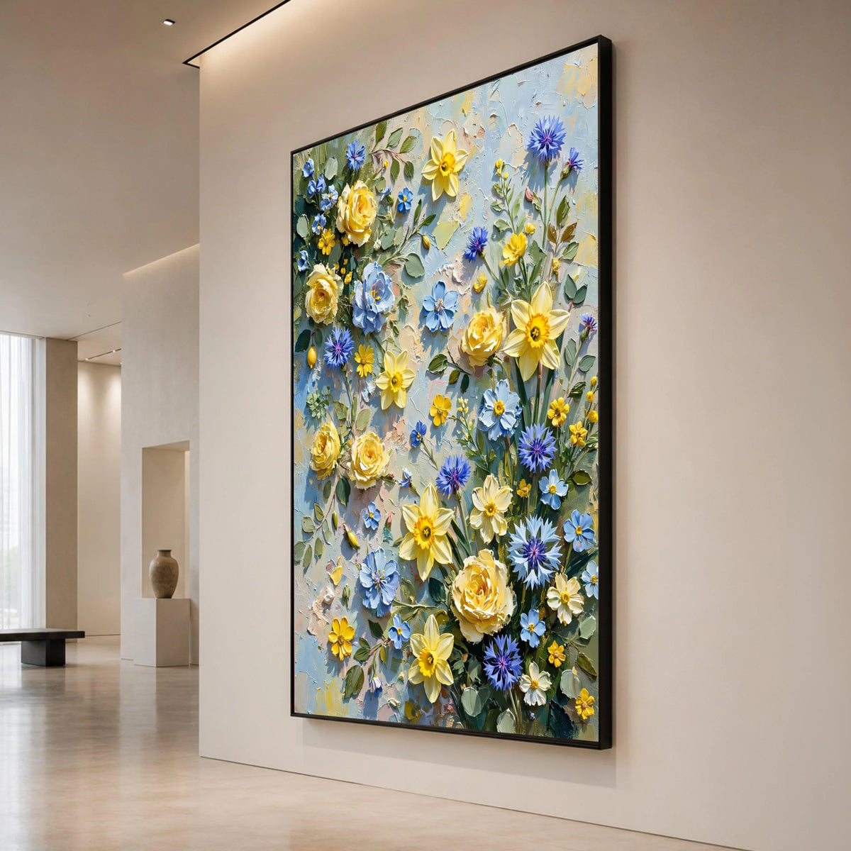 Bright Spring Floral Bouquet Canvas, Yellow Daffodils and Blue Cornflowers Wall Art, Vibrant Garden Flowers Canvas Canvas Print Art