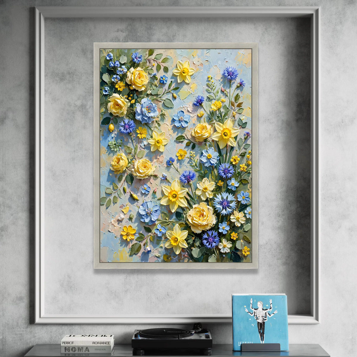 Bright Spring Floral Bouquet Canvas, Yellow Daffodils and Blue Cornflowers Wall Art, Vibrant Garden Flowers Canvas Canvas Print Art