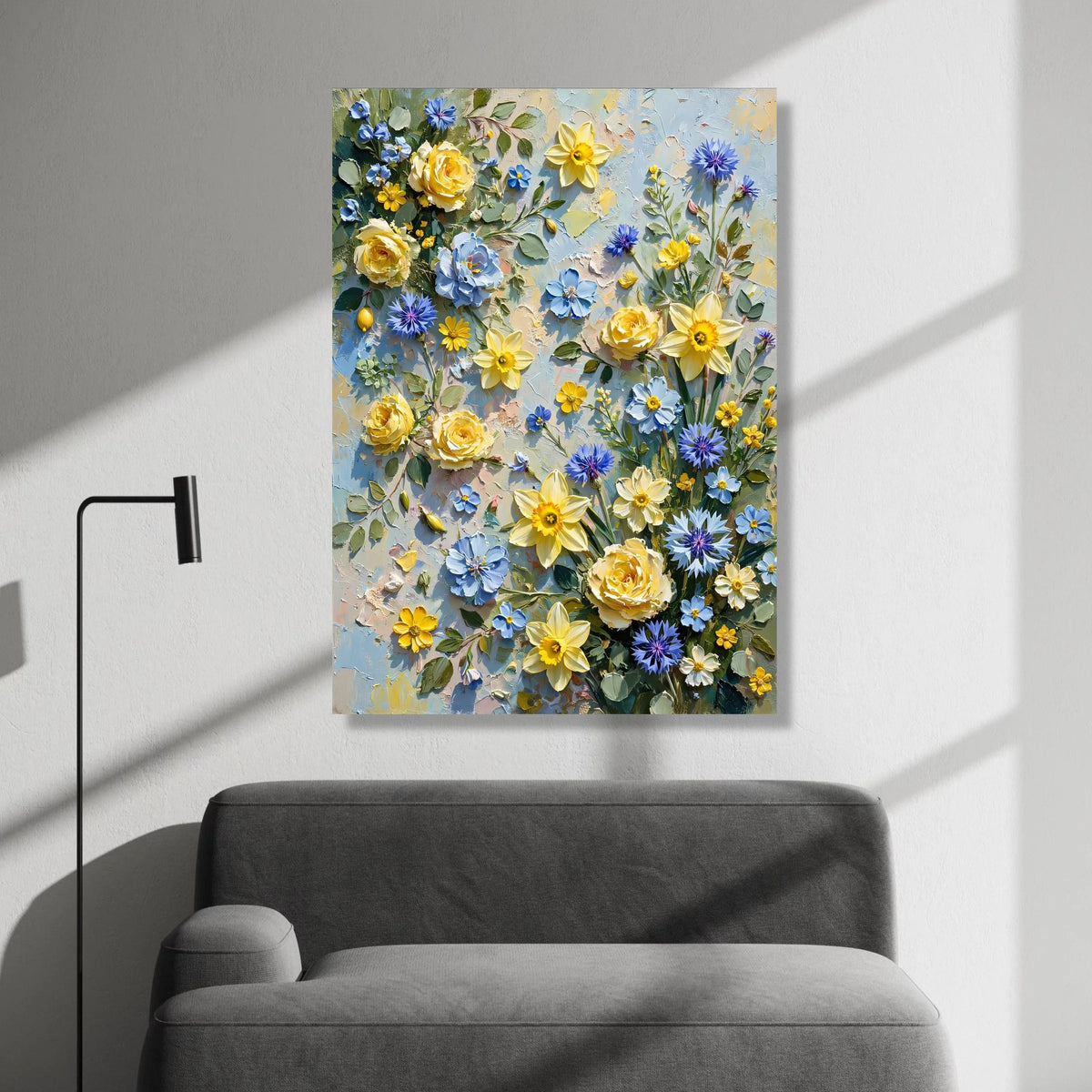 Bright Spring Floral Bouquet Canvas, Yellow Daffodils and Blue Cornflowers Wall Art, Vibrant Garden Flowers Canvas Canvas Print Art