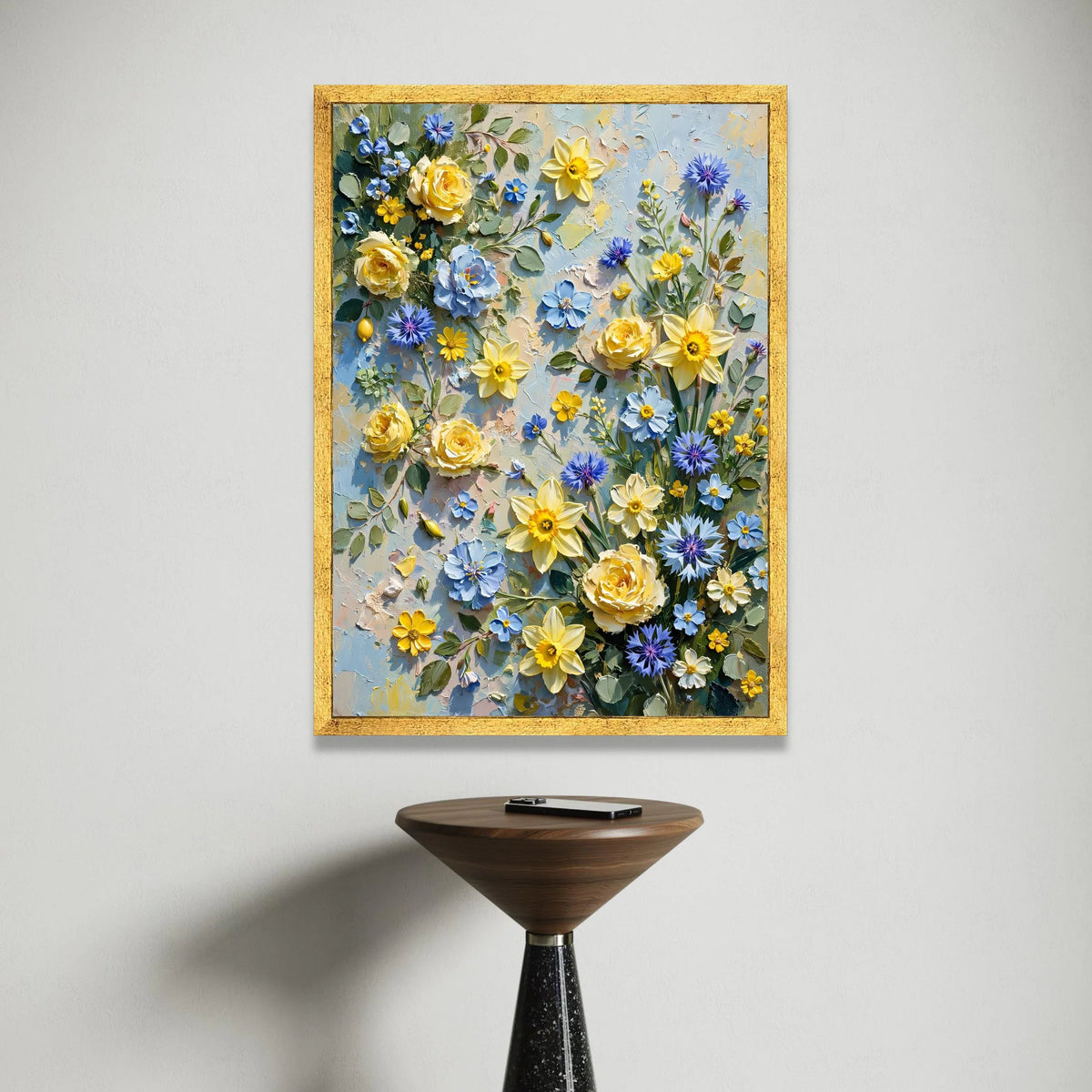 Bright Spring Floral Bouquet Canvas, Yellow Daffodils and Blue Cornflowers Wall Art, Vibrant Garden Flowers Canvas Canvas Print Art