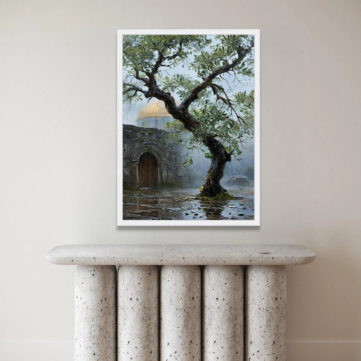 Rainy Day Olive Tree with Dome Canvas, Historic Architecture Wall Art, Nature and Heritage Canvas, Rustic Garden Scene Canvas Print Art