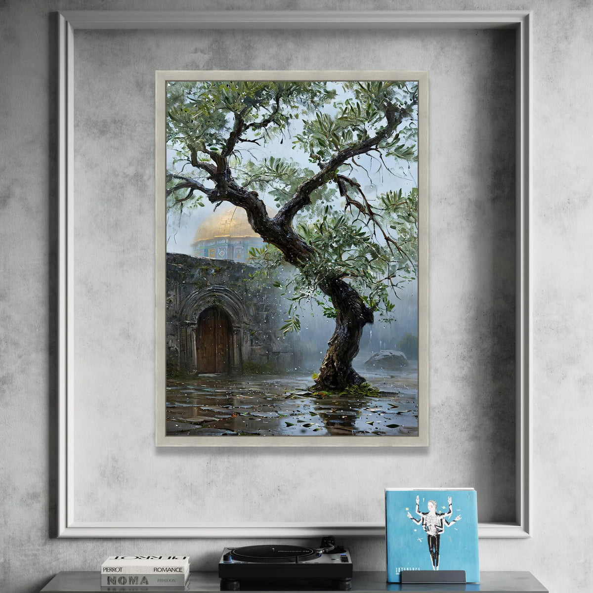 Rainy Day Olive Tree with Dome Canvas, Historic Architecture Wall Art, Nature and Heritage Canvas, Rustic Garden Scene Canvas Print Art