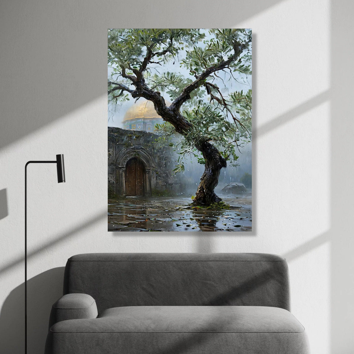 Rainy Day Olive Tree with Dome Canvas, Historic Architecture Wall Art, Nature and Heritage Canvas, Rustic Garden Scene Canvas Print Art