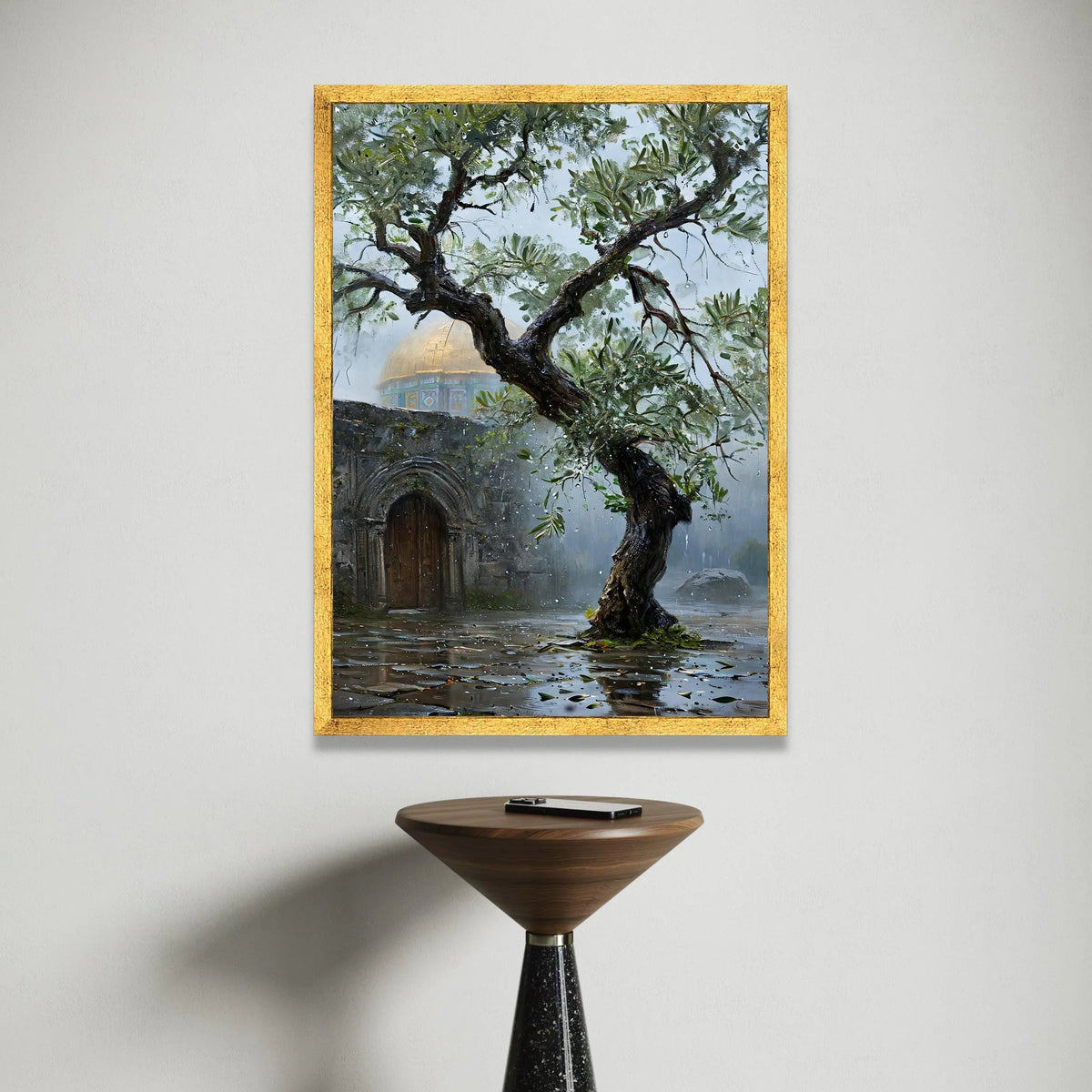 Rainy Day Olive Tree with Dome Canvas, Historic Architecture Wall Art, Nature and Heritage Canvas, Rustic Garden Scene Canvas Print Art