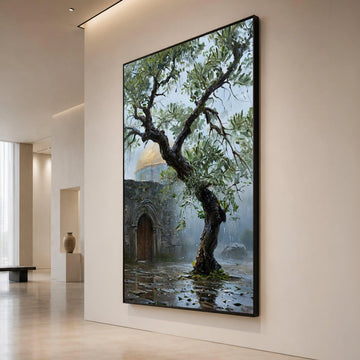 Rainy Day Olive Tree with Dome Canvas, Historic Architecture Wall Art, Nature and Heritage Canvas, Rustic Garden Scene Canvas Print Art