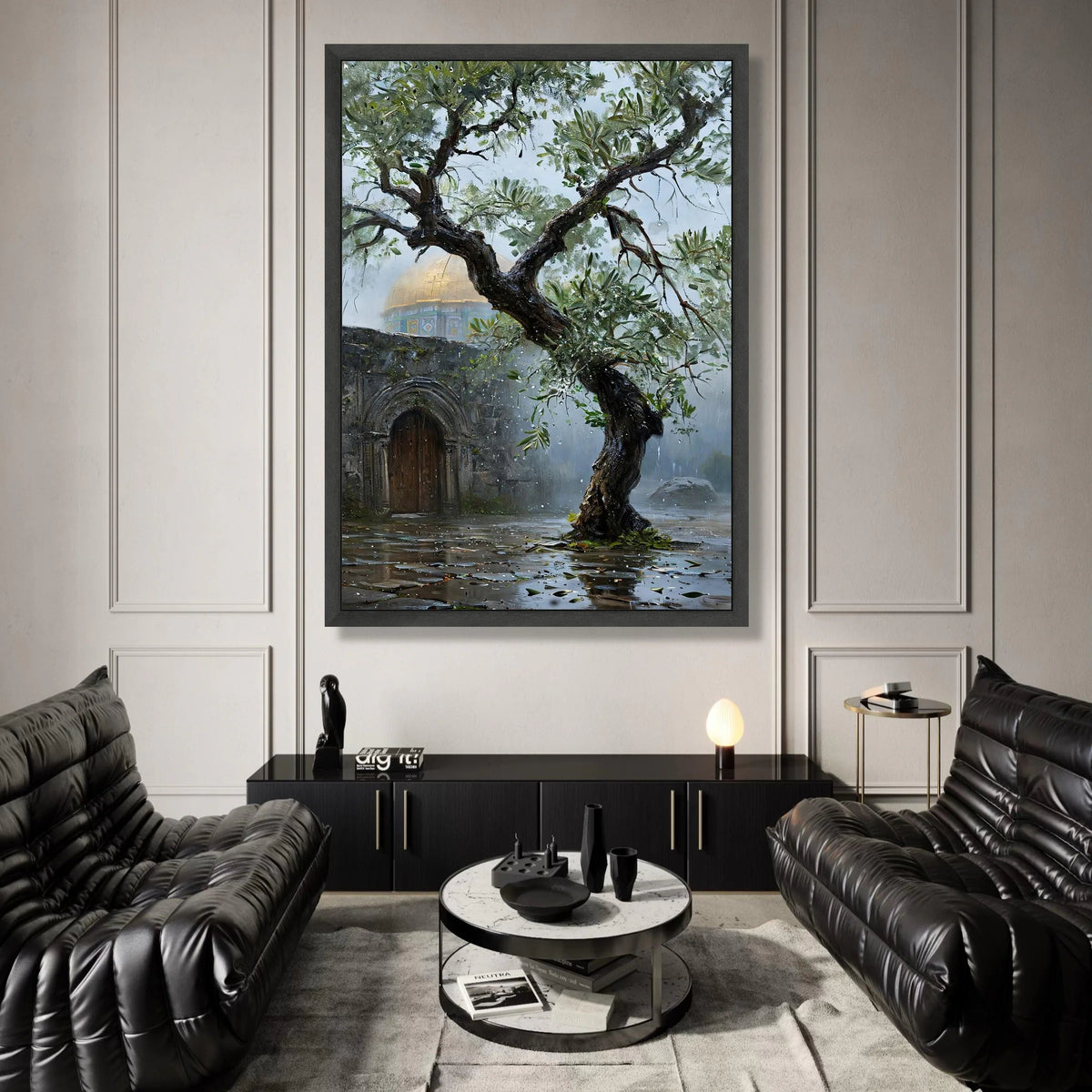 Rainy Day Olive Tree with Dome Canvas, Historic Architecture Wall Art, Nature and Heritage Canvas, Rustic Garden Scene Canvas Print Art