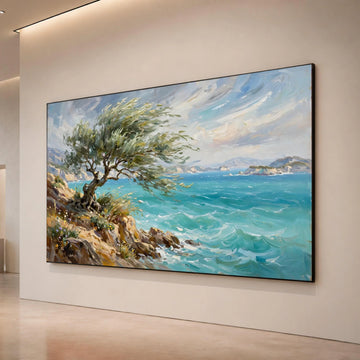 Coastal Breeze Canvas Wall Art, Windy Tree on Rocky Shore, Ocean Wave Landscape, Seaside Nature Canvas, Scenic Wall Decor, Canvas Print Art