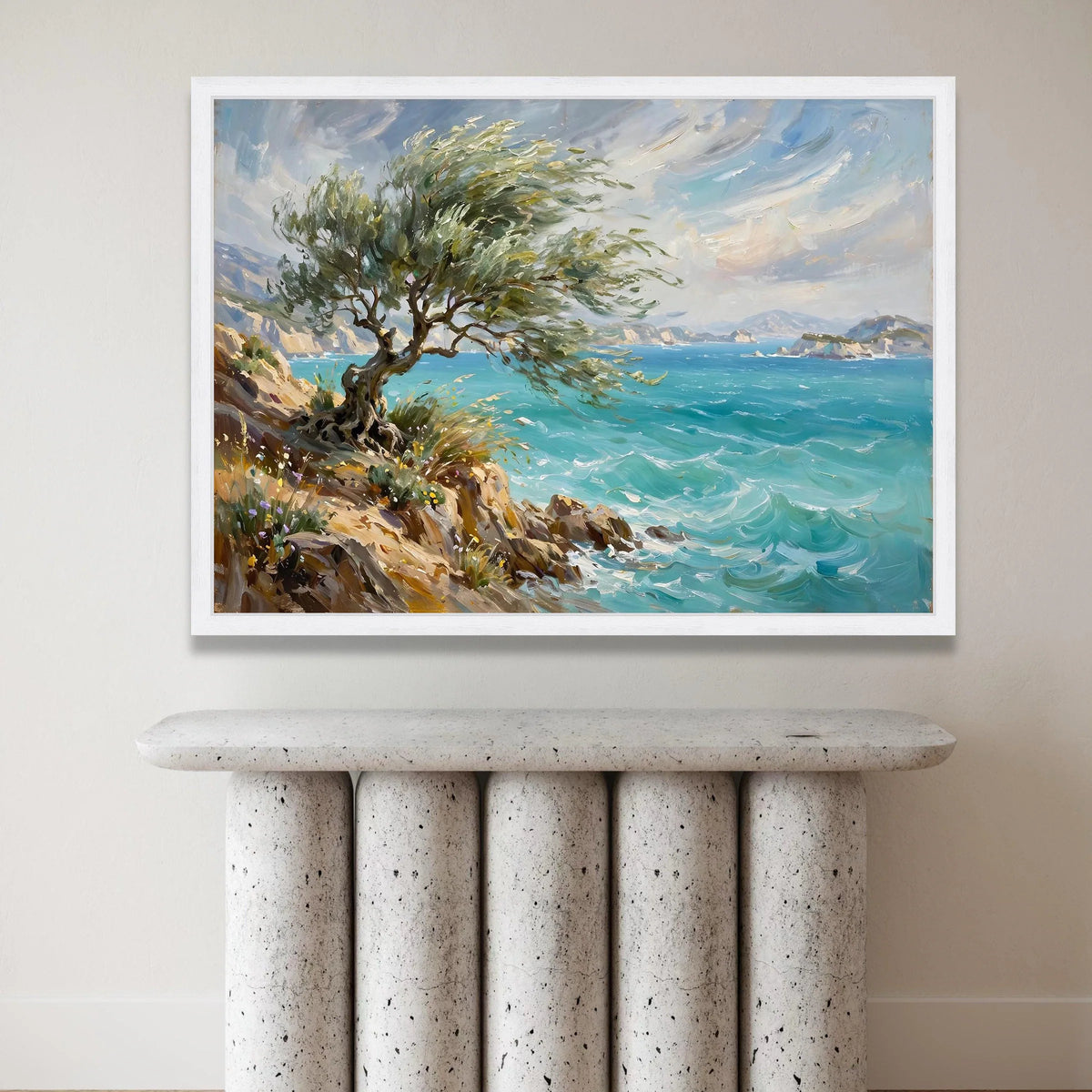 Coastal Breeze Canvas Wall Art, Windy Tree on Rocky Shore, Ocean Wave Landscape, Seaside Nature Canvas, Scenic Wall Decor, Canvas Print Art