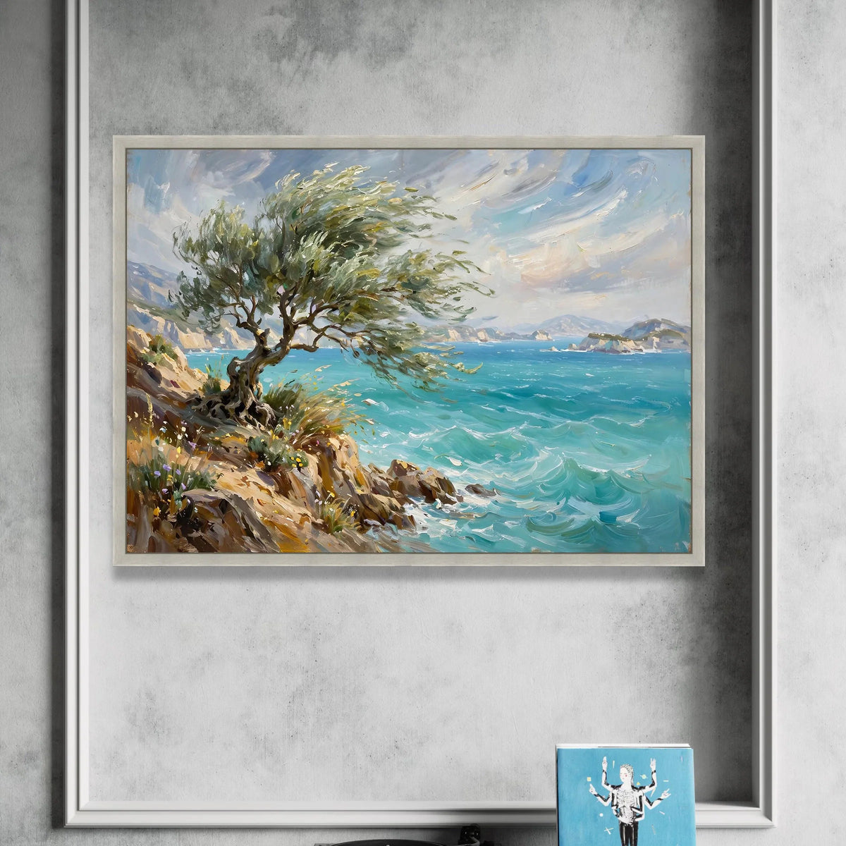 Coastal Breeze Canvas Wall Art, Windy Tree on Rocky Shore, Ocean Wave Landscape, Seaside Nature Canvas, Scenic Wall Decor, Canvas Print Art