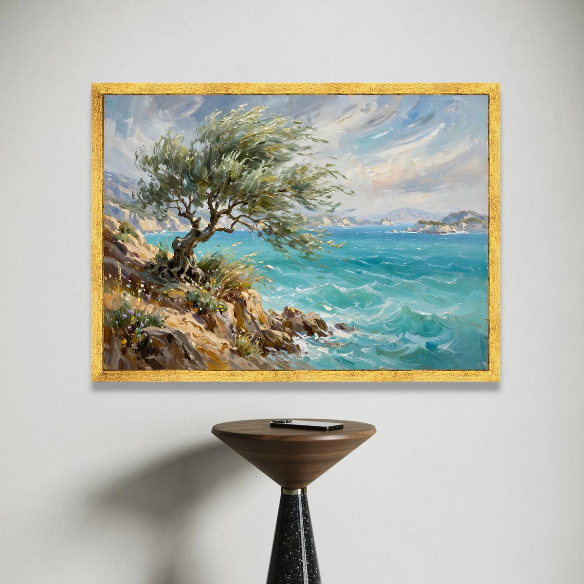 Coastal Breeze Canvas Wall Art, Windy Tree on Rocky Shore, Ocean Wave Landscape, Seaside Nature Canvas, Scenic Wall Decor, Canvas Print Art