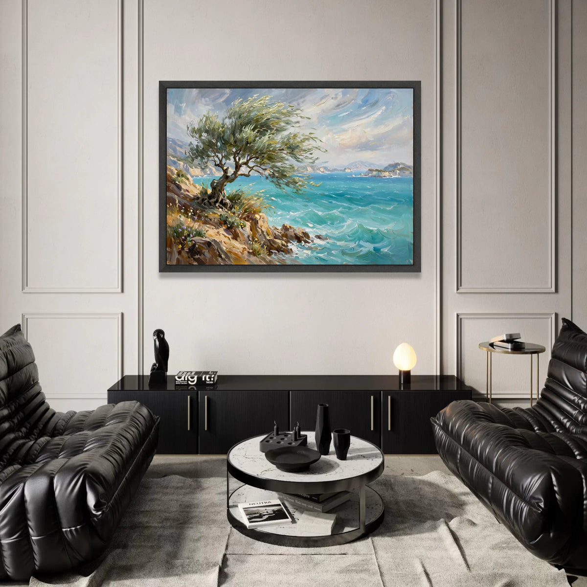 Coastal Breeze Canvas Wall Art, Windy Tree on Rocky Shore, Ocean Wave Landscape, Seaside Nature Canvas, Scenic Wall Decor, Canvas Print Art