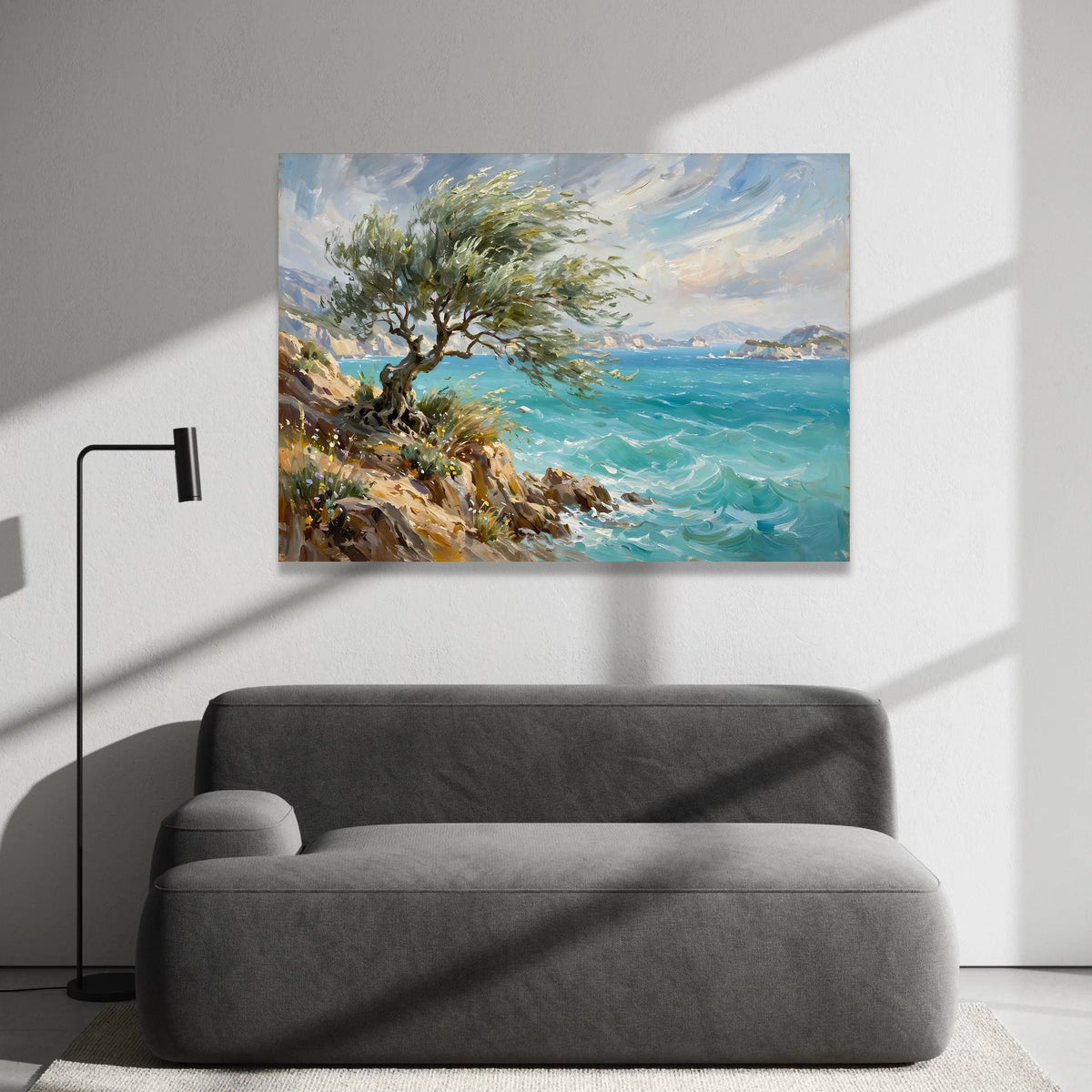 Coastal Breeze Canvas Wall Art, Windy Tree on Rocky Shore, Ocean Wave Landscape, Seaside Nature Canvas, Scenic Wall Decor, Canvas Print Art