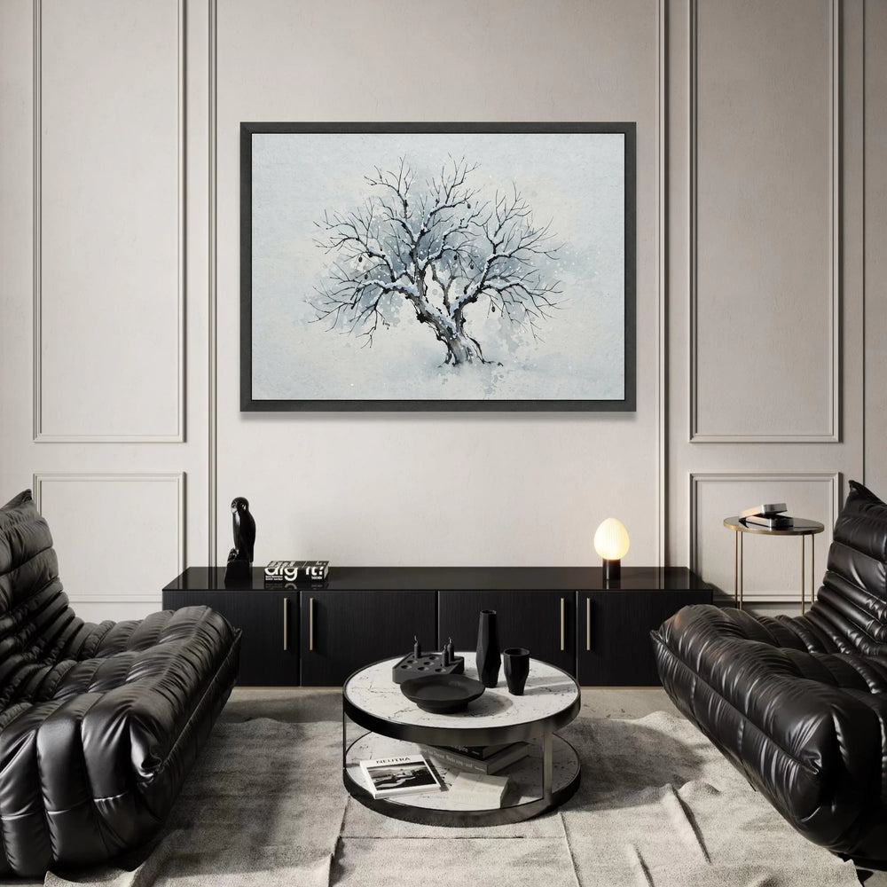 Winter Tree Silhouette Canvas, Snow Covered Branches Wall Art, Minimalist Nature Painting, Winter Season Home Decor, Ready Canvas Print Art