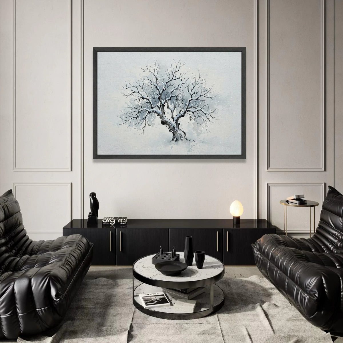 Winter Tree Silhouette Canvas, Snow Covered Branches Wall Art, Minimalist Nature Painting, Winter Season Home Decor, Ready Canvas Print Art