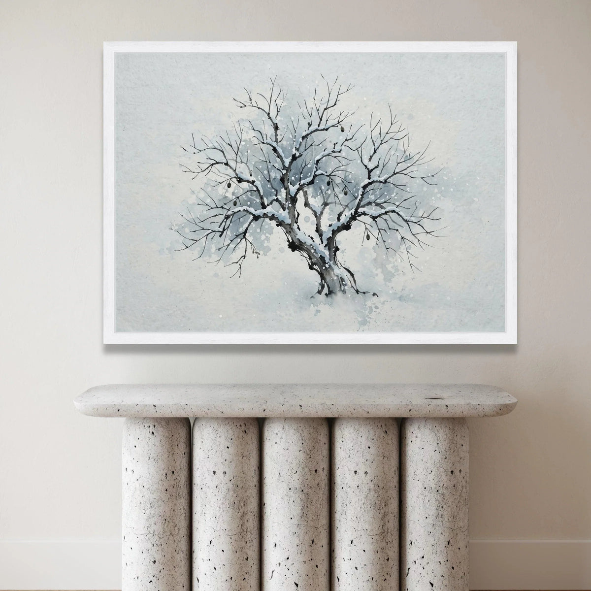 Winter Tree Silhouette Canvas, Snow Covered Branches Wall Art, Minimalist Nature Painting, Winter Season Home Decor, Ready Canvas Print Art