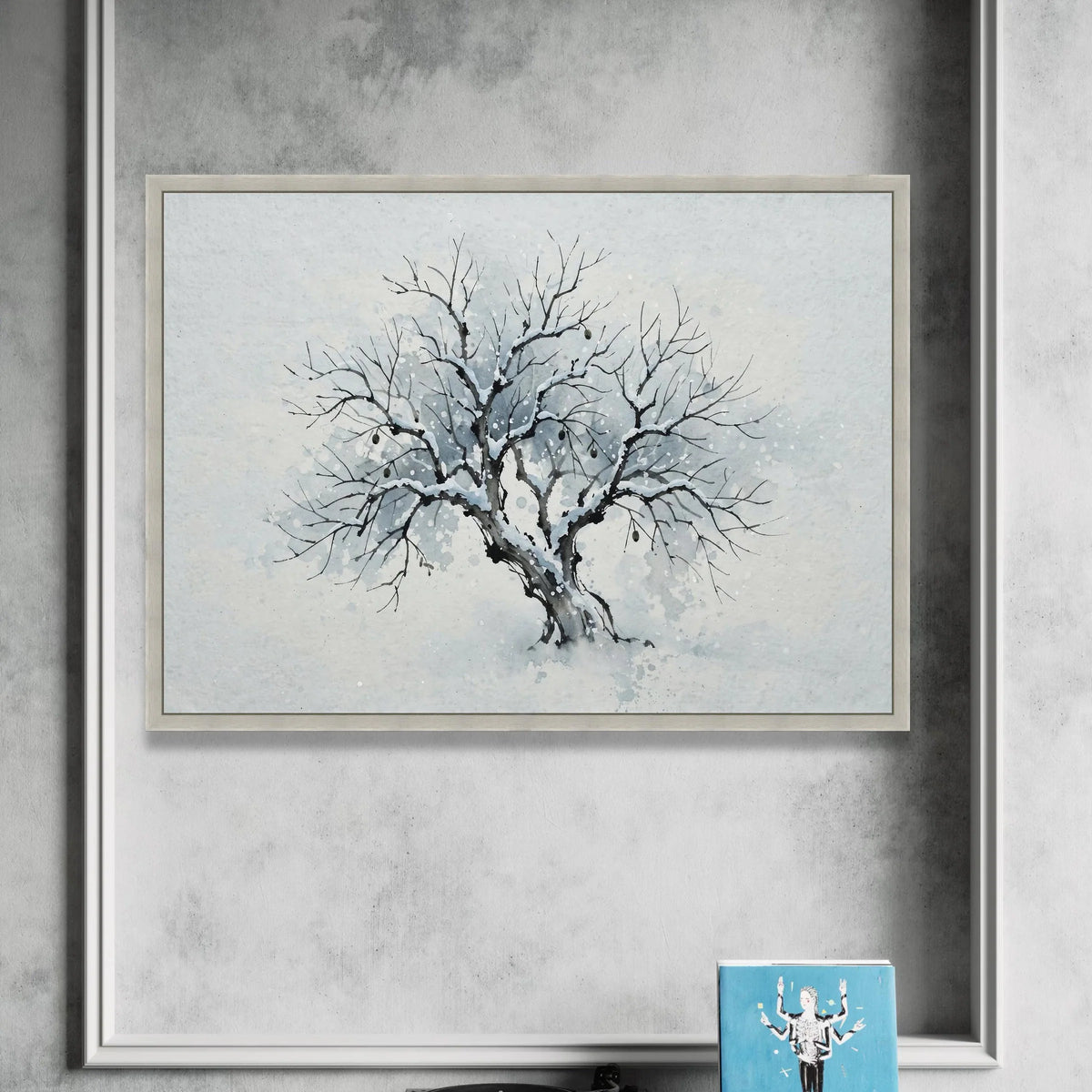 Winter Tree Silhouette Canvas, Snow Covered Branches Wall Art, Minimalist Nature Painting, Winter Season Home Decor, Ready Canvas Print Art