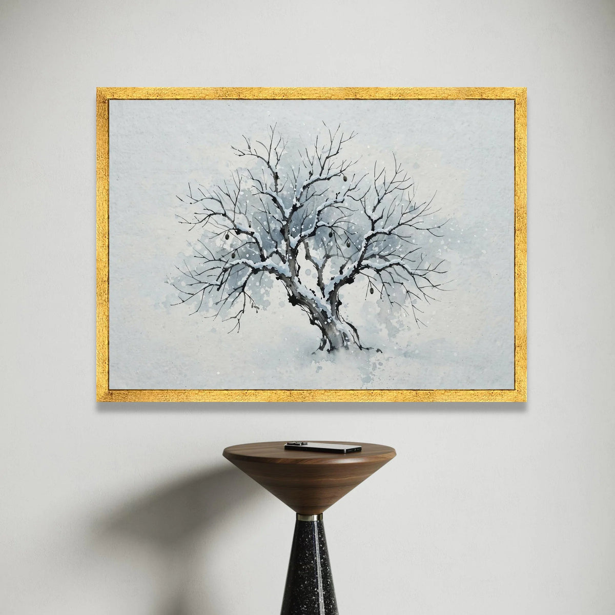 Winter Tree Silhouette Canvas, Snow Covered Branches Wall Art, Minimalist Nature Painting, Winter Season Home Decor, Ready Canvas Print Art