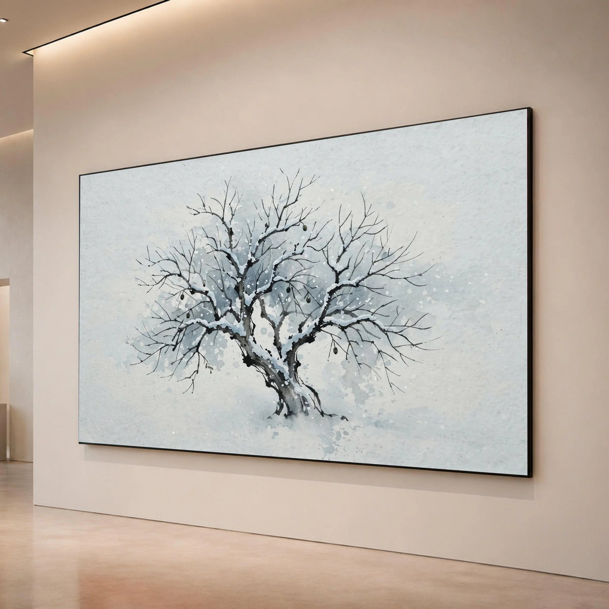 Winter Tree Silhouette Canvas, Snow Covered Branches Wall Art, Minimalist Nature Painting, Winter Season Home Decor, Ready Canvas Print Art