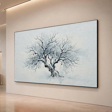 Winter Tree Silhouette Canvas, Snow Covered Branches Wall Art, Minimalist Nature Painting, Winter Season Home Decor, Ready Canvas Print Art
