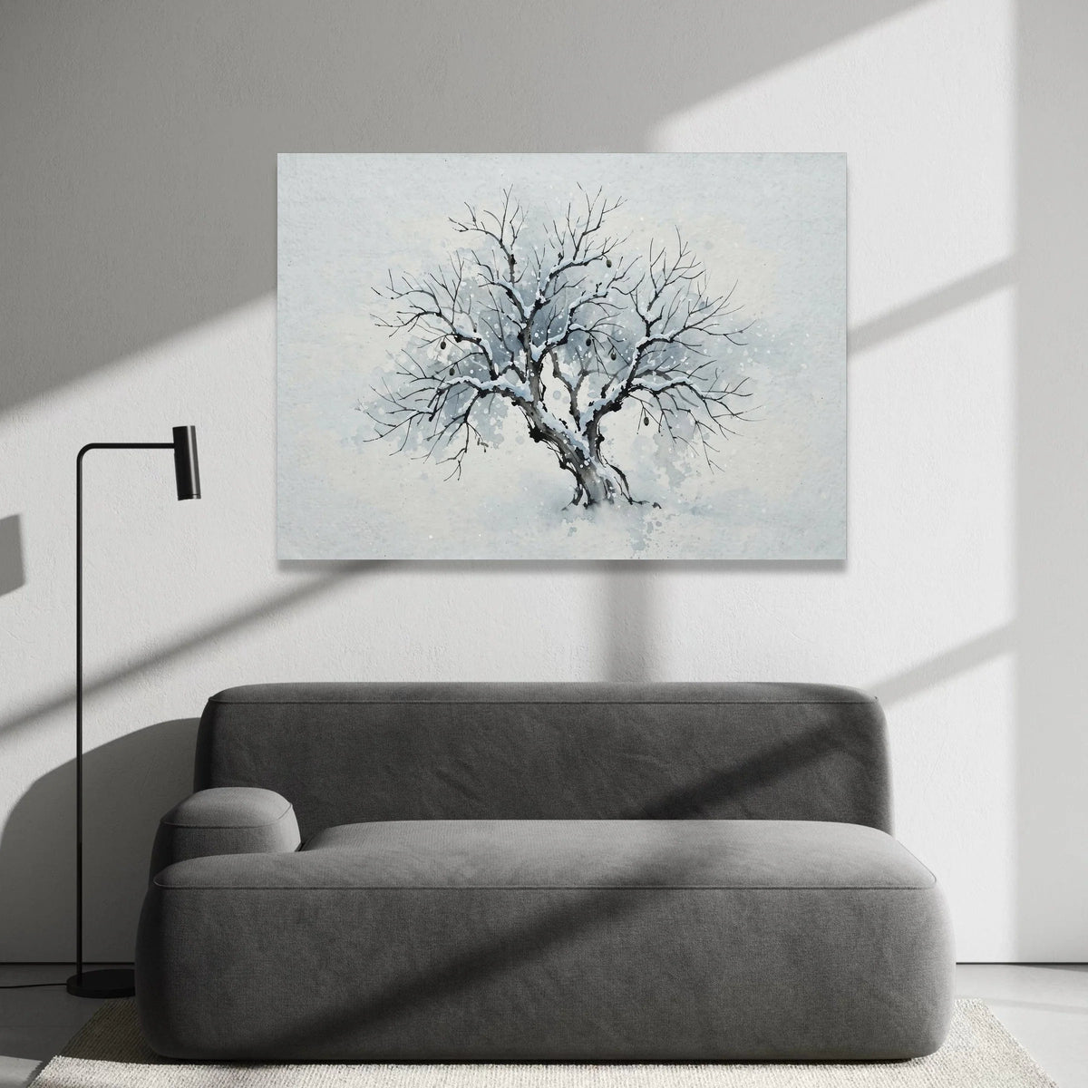 Winter Tree Silhouette Canvas, Snow Covered Branches Wall Art, Minimalist Nature Painting, Winter Season Home Decor, Ready Canvas Print Art