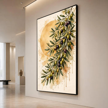 Olive Branch Canvas Wall Art, Mediterranean Fruit Print, Rustic Kitchen Decor, Nature Botanical Painting, Green and Purple Canvas Print Art
