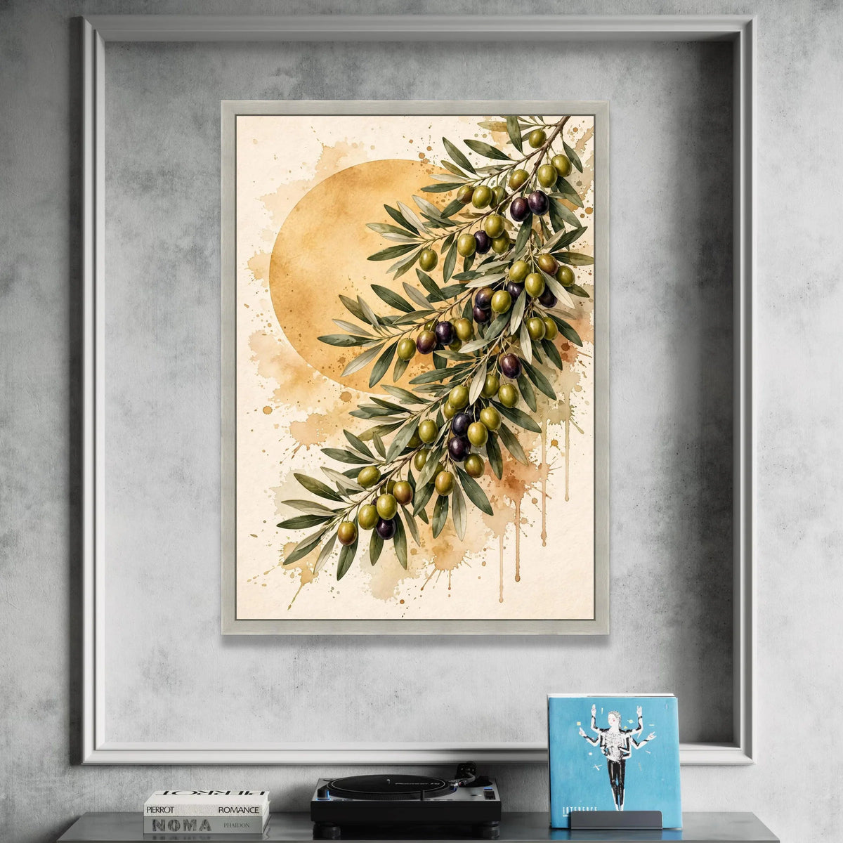 Olive Branch Canvas Wall Art, Mediterranean Fruit Print, Rustic Kitchen Decor, Nature Botanical Painting, Green and Purple Canvas Print Art