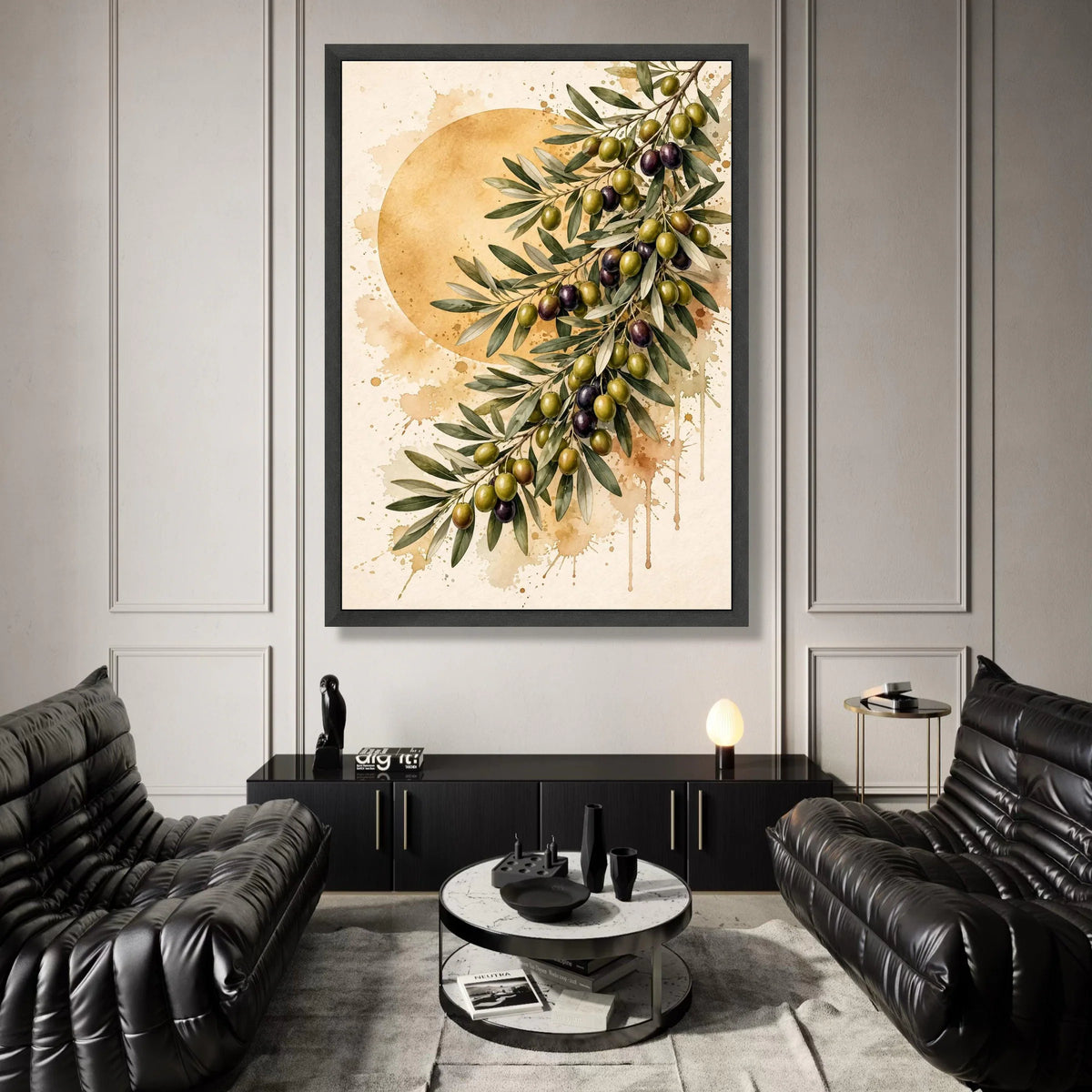 Olive Branch Canvas Wall Art, Mediterranean Fruit Print, Rustic Kitchen Decor, Nature Botanical Painting, Green and Purple Canvas Print Art