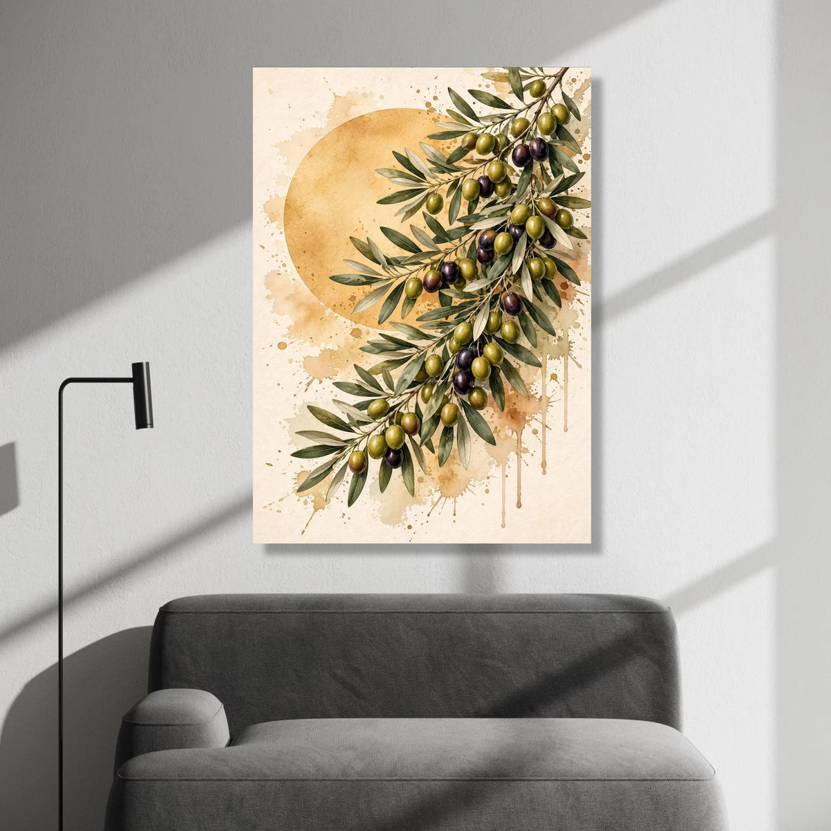 Olive Branch Canvas Wall Art, Mediterranean Fruit Print, Rustic Kitchen Decor, Nature Botanical Painting, Green and Purple Canvas Print Art