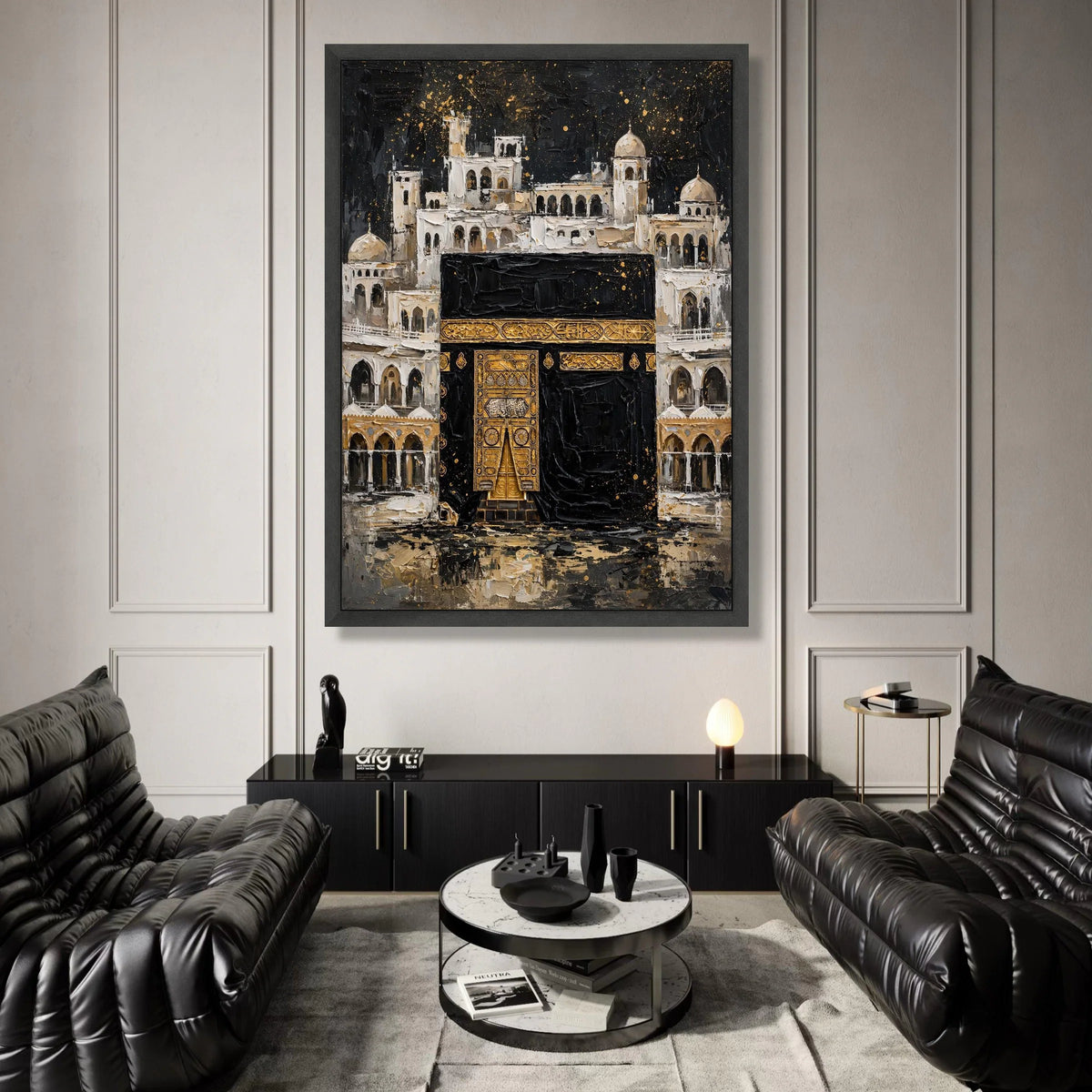 Sacred Kaaba Painting Canvas, Islamic Architecture Wall Art, Religious Home Décor, Spiritual Mosque Scene, Elegant Gold and Canvas Print Art