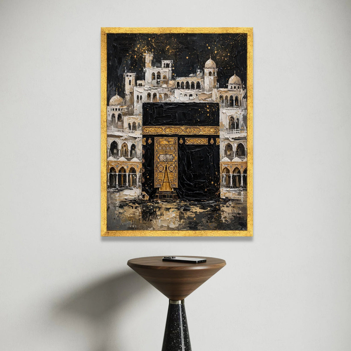 Sacred Kaaba Painting Canvas, Islamic Architecture Wall Art, Religious Home Décor, Spiritual Mosque Scene, Elegant Gold and Canvas Print Art